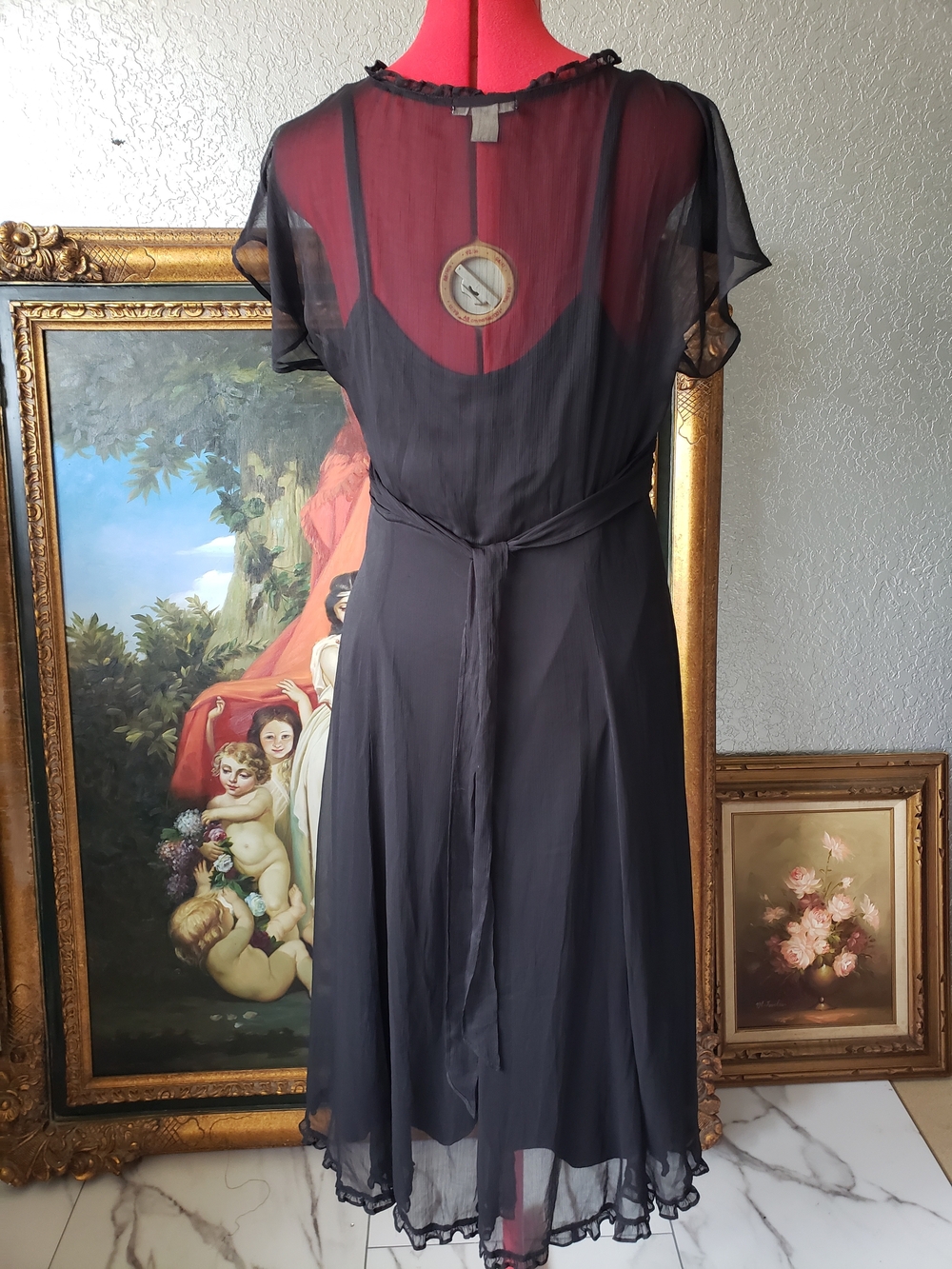 jonathan martin Black Sheer V-Neck Ruffle-Trim Midi Dress - Picture 4 of 4